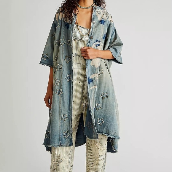 Magnolia Pearl Denim Star Child Rainbow Maxi Kimono Duster Jacket - Picture 3 of 12